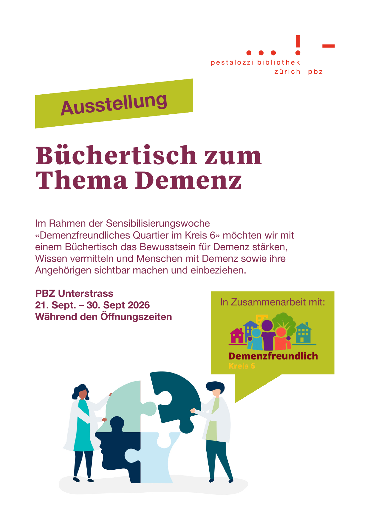 Flyer zum Büchertisch über Demenz in der PBZ Unterstrass