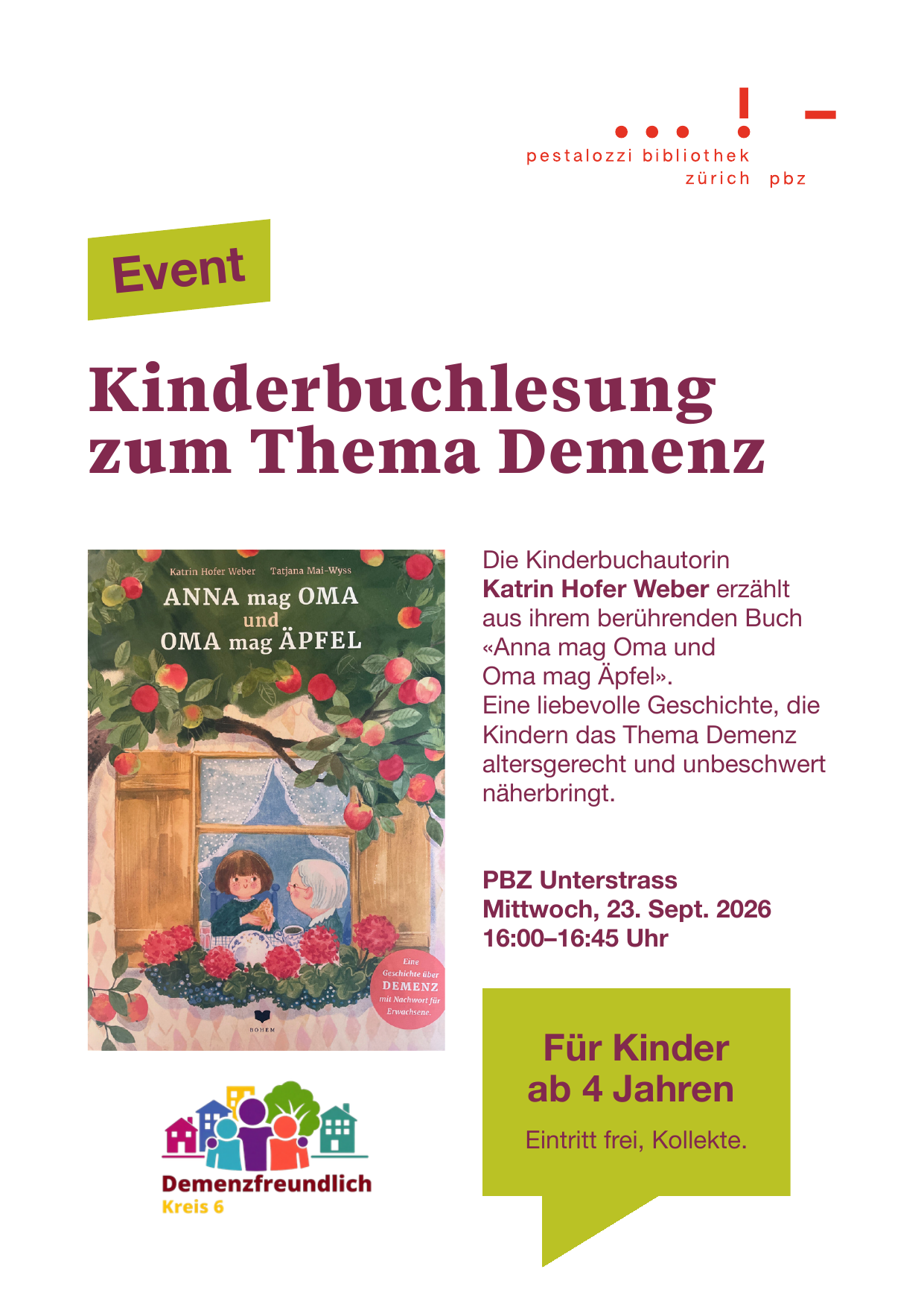 Flyer zur Kinderbuchlesung zum Thema Demenz