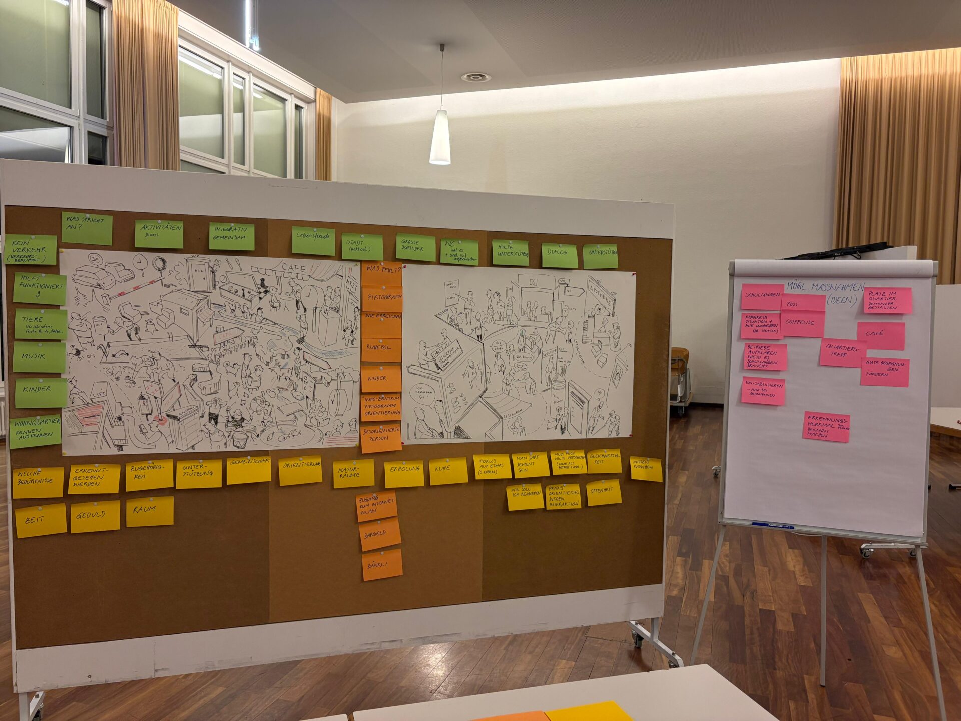 Ideensammlung — Flipchart und Pinnwand mit bunten Notizen